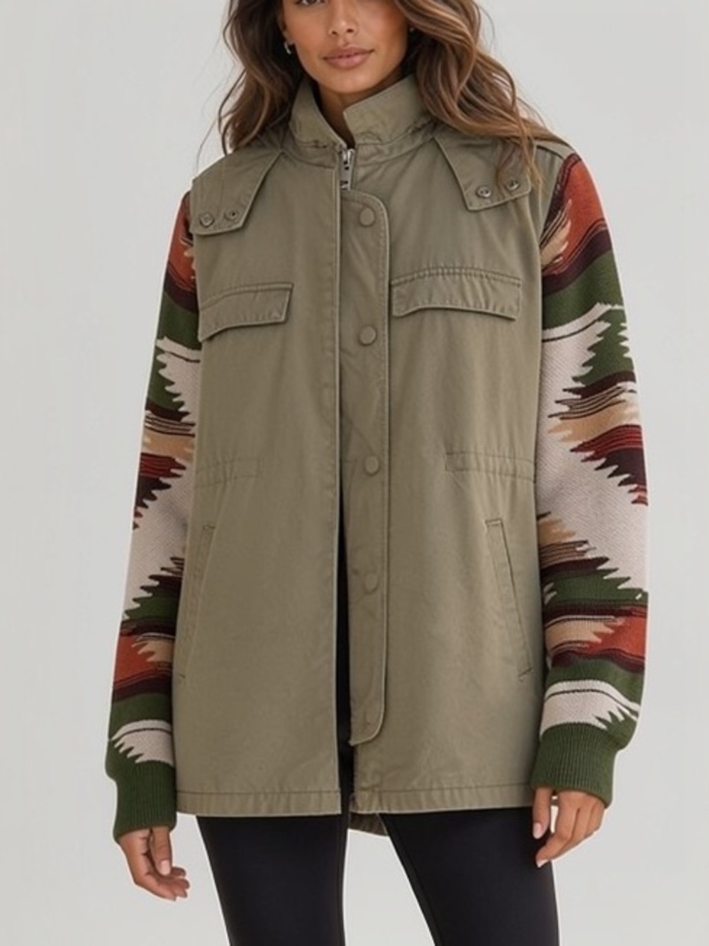 Thread & Supply Olive Zip Jacket with Earth Tone Knit Sleeves